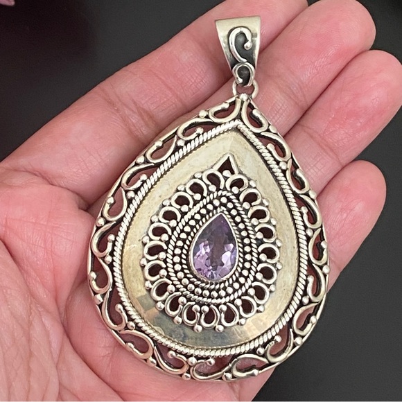 Vintage DP 925 Sterling Silver Filigree Bali Amethyst Large Teardrop Pendant 26g - Picture 5 of 16